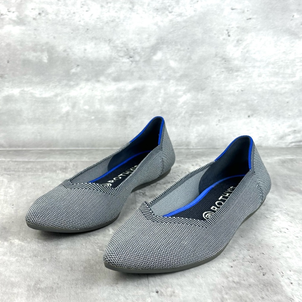 Rothy's Gray Knit Pointed Toe Flats with Blue Trim